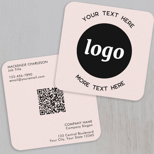 Carte De Visite Carré Code QR Simple Logo et Texte Rose Pâle (Logo with QR card and custom text blush pink square business card)