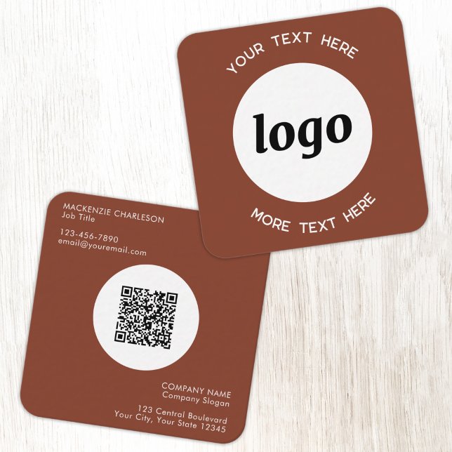 Carte De Visite Carré Code QR simple logo et texte Terracotta (Simple logo with custom text QR code business branding promotional terracotta square business card)
