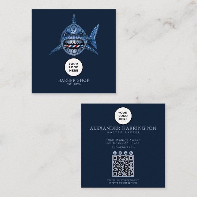 Carte De Visite Carré Code QR Steel Shark Professionnel de Barbier (Devant / Derrière)