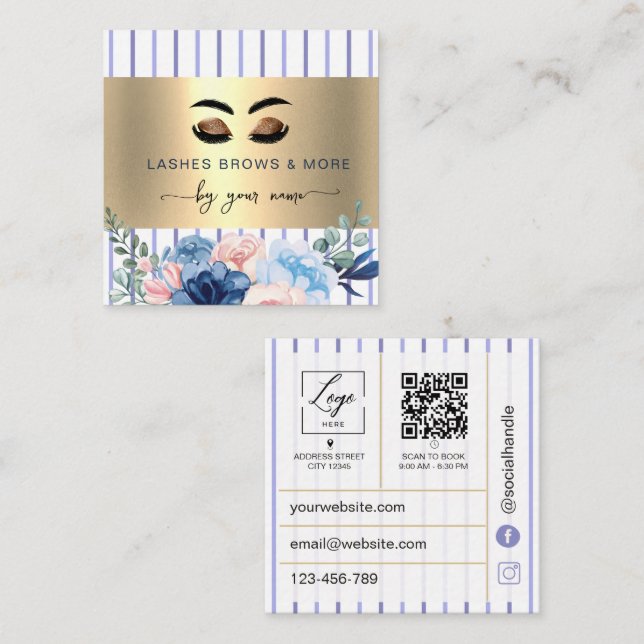 Carte De Visite Carré Code Qr Tech Cils Rayures Florales (Devant / Derrière)