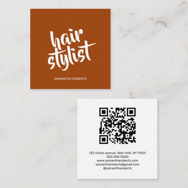 Carte De Visite Carré Code QR terracotta script coiffeur moderne  (Devant / Derrière)