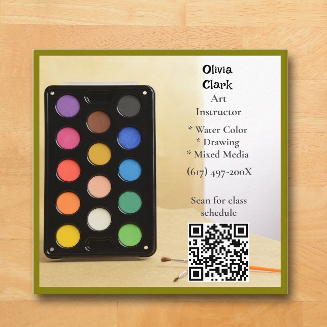 Carte De Visite Carré Code QR Vert Olive Artiste Enseignant Professeur d (Olive Green Art Business Card )