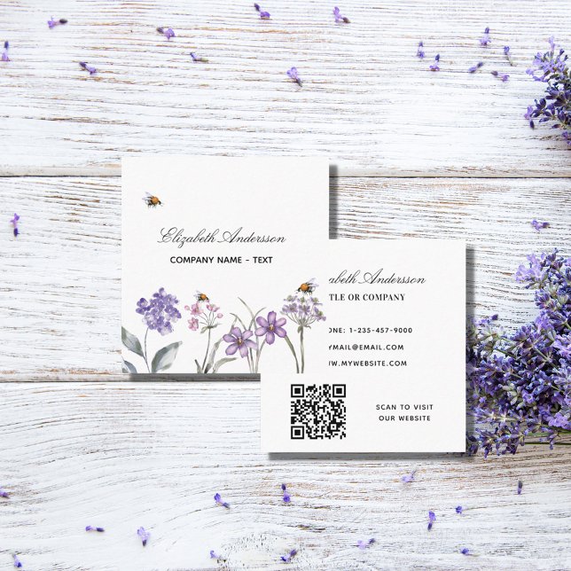 Carte De Visite Carré Code QR violet lavande fleur sauvage (Créateur téléchargé)