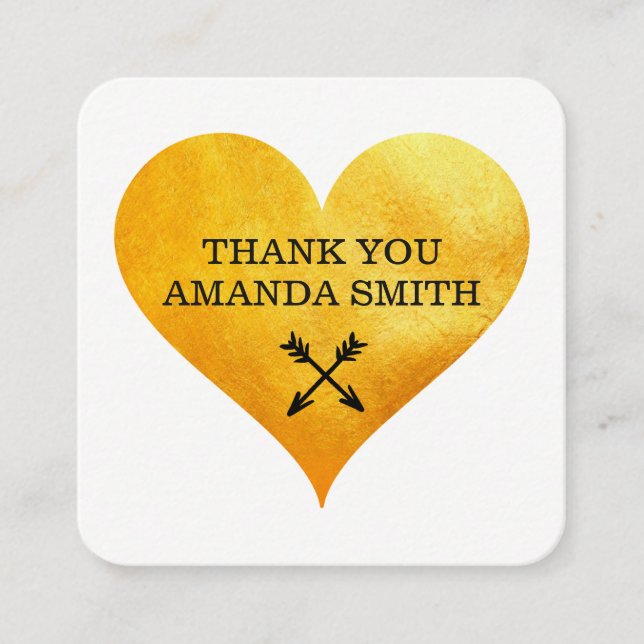 Carte De Visite Carré Coeur et flèche or / Merci (Devant)