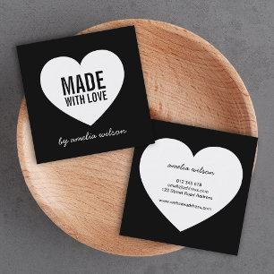 Carte De Visite Carré Cœur fait avec amour noir et blanc moderne
