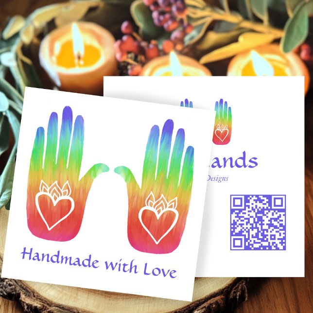 Carte De Visite Carré Coeurs à deux mains Hamsa Rainbow CUSTOM QR Code (Two Hands Hearts Hamsa Rainbow CUSTOM QR Code Square Business Card
)