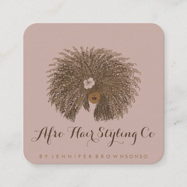 Carte De Visite Carré Coiffeur Afro Beige Rose (Devant)