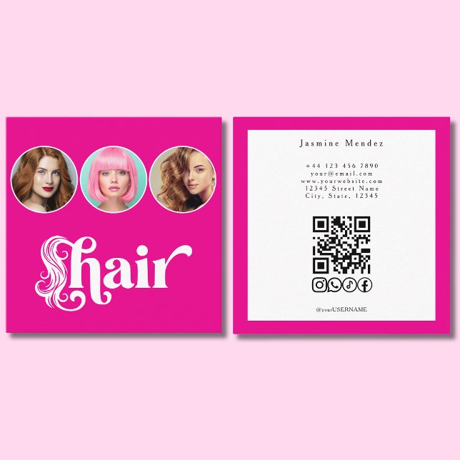 Carte De Visite Carré Coiffeur Code QR Photo 3 Rose Chaude Blanc (Créateur téléchargé)