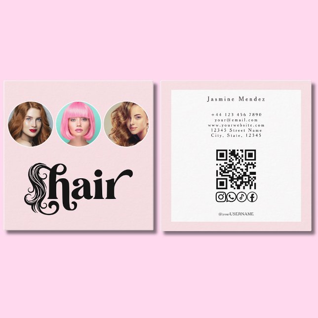 Carte De Visite Carré Coiffeur Code QR Rose Pâle Blanc 3 Photo (Créateur téléchargé)