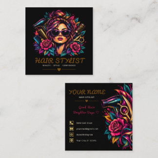 Carte De Visite Carré Coiffeur Floral Tatouage Rétro Tendance