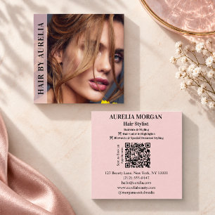 Carte De Visite Carré Coiffeur Moderne Code Qr Photo Rose Pâle