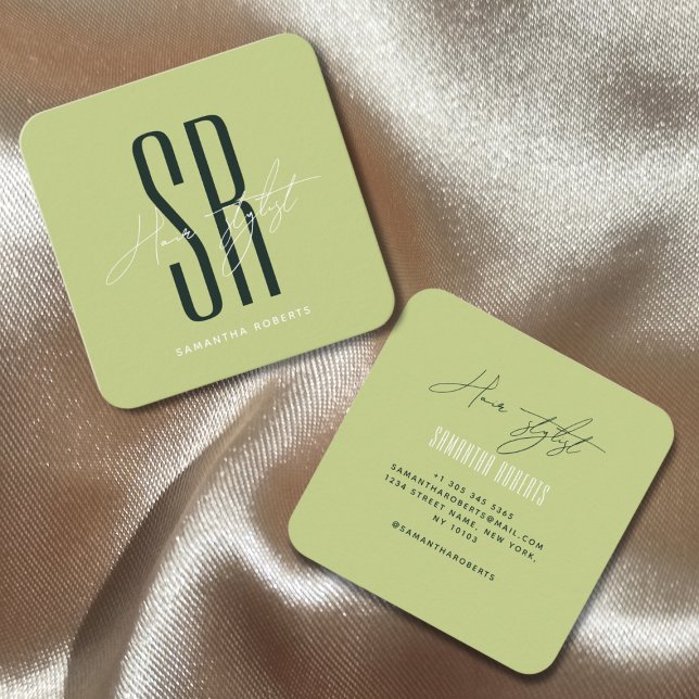 Carte De Visite Carré Coiffeur monogramme vert moderne initiales (Créateur téléchargé)