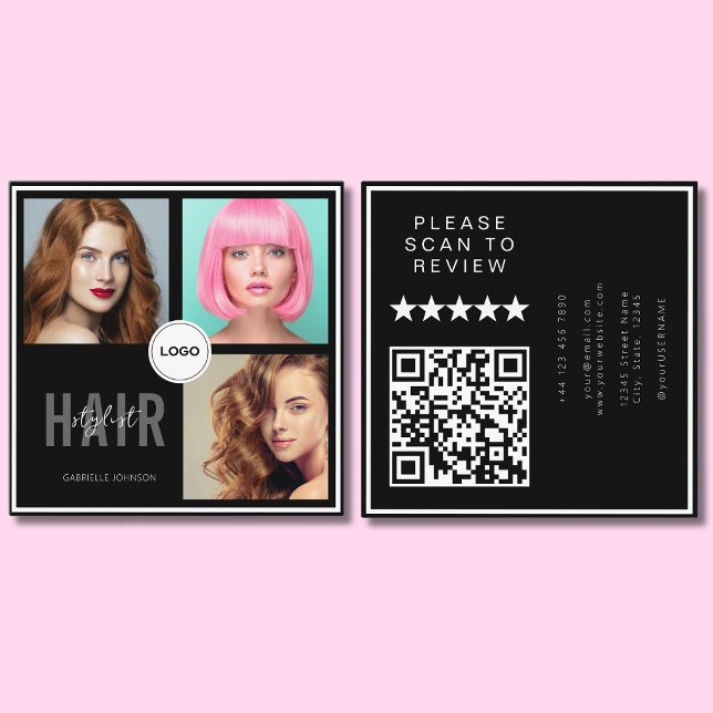 Carte De Visite Carré Coiffeur Photo Collage Code QR & Avis  (Créateur téléchargé)