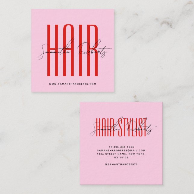 Carte De Visite Carré Coiffeur script typographie moderne rose rouge (Devant / Derrière)
