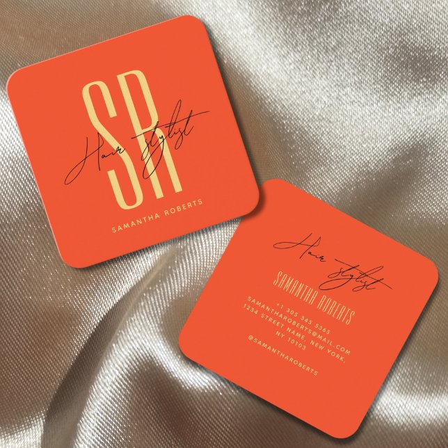 Carte De Visite Carré Coiffeuse moderne orange monogramme initiales (Créateur téléchargé)