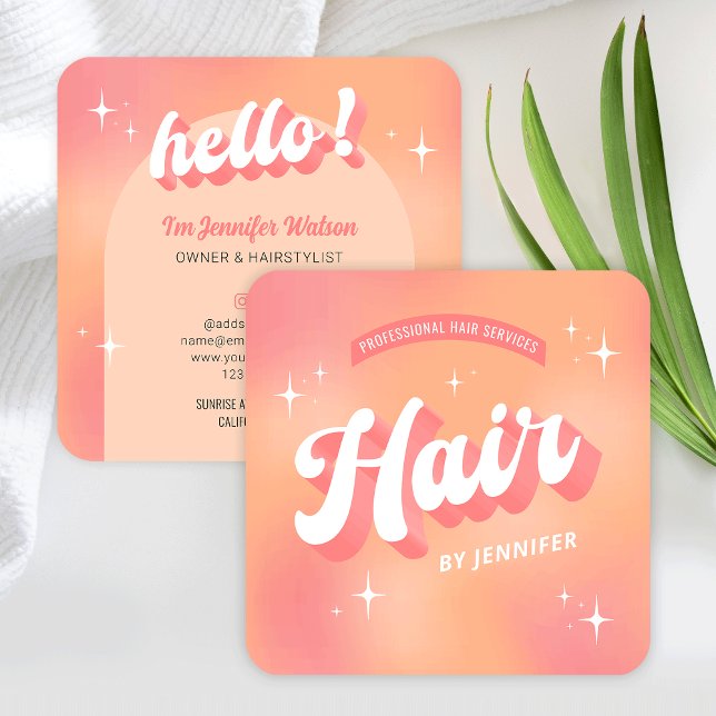 Carte De Visite Carré Coiffeuse moderne Salon Super Coiffeuse tendance (Hair salon business cards with trendy retro fonts, groovy style and girly peach color scheme)