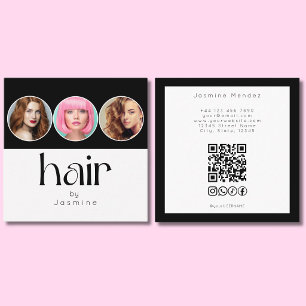 Carte De Visite Carré Coiffure 3 Photo QR Code Réseaux Sociaux Noir Blan