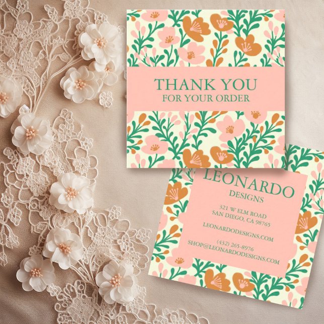 Carte De Visite Carré Commander MERCI Cute Fleurs Florales Rose Personna (Colorful floral botanical pattern on these peach fuzz custom order thank you business cards)