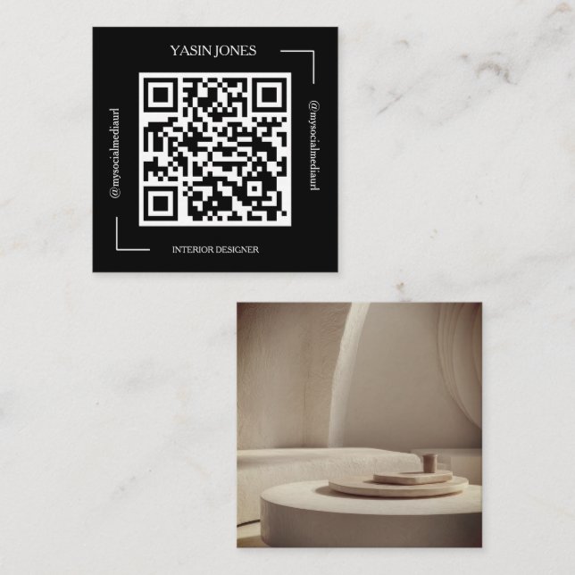 Carte De Visite Carré Concepteur d'intérieur Code QR Noir et Blanc (Devant / Derrière)
