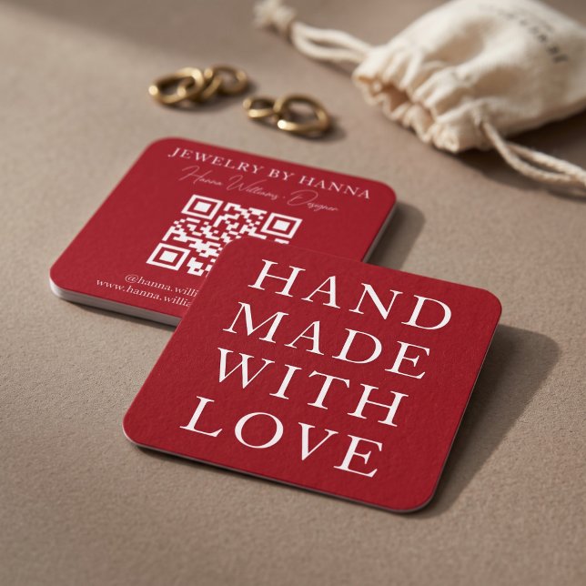 Carte De Visite Carré Conception de typographie fait main avec amour (Simulated business cards on table)