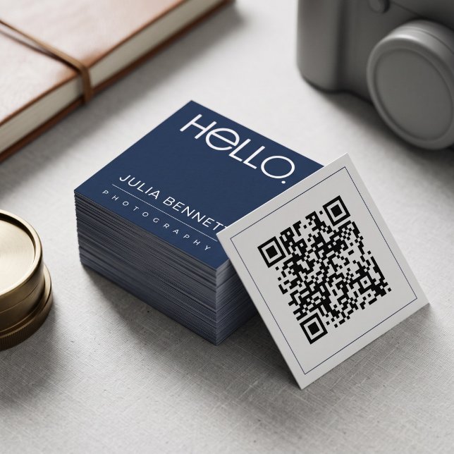Carte De Visite Carré Conception de typographie moderne « Hello » (Simulated business cards on table)