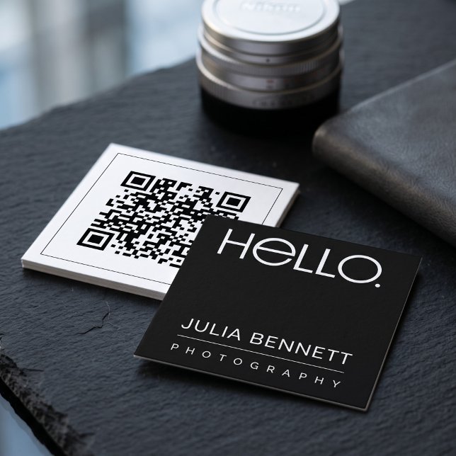 Carte De Visite Carré Conception de typographie moderne « Hello » (Simulated business cards on table)