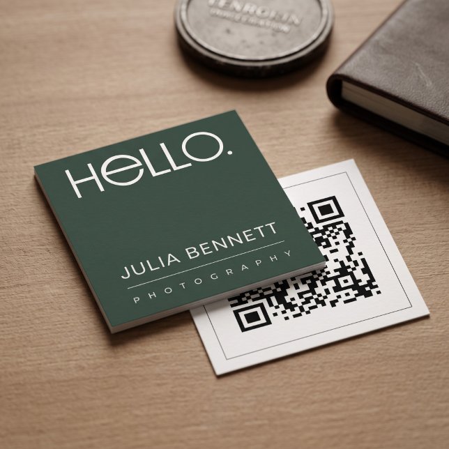 Carte De Visite Carré Conception de typographie moderne « Hello » (Simulated business cards on table)