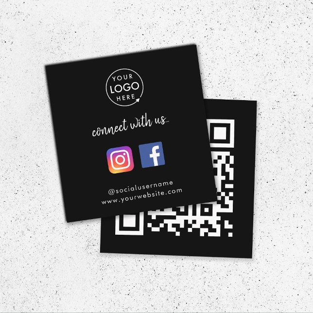 Carte De Visite Carré Connect with | Média social QR Code noir (Connect with us QR code business cards to promote your social media - Instagram, Facebook & more!)
