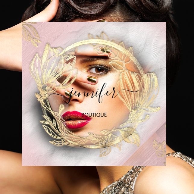 Carte De Visite Carré Connexions florales : Logo du code QR du cadre flo (Floral Frame QR Code Logo Gold Rose Shop Beauty Square Business Card)