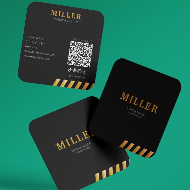 Carte De Visite Carré Construction Constructeur Qr Code Noir & Métallurg (Building Constructor Qr Code Black & Metallic Gold Square Business Card)
