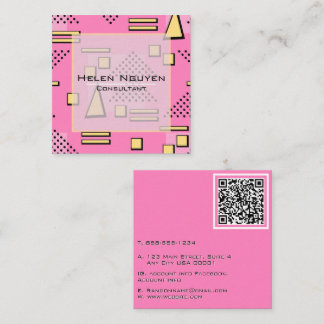 Carte De Visite Carré Consultant Code QR Rétro Memphis Rose des Années 8