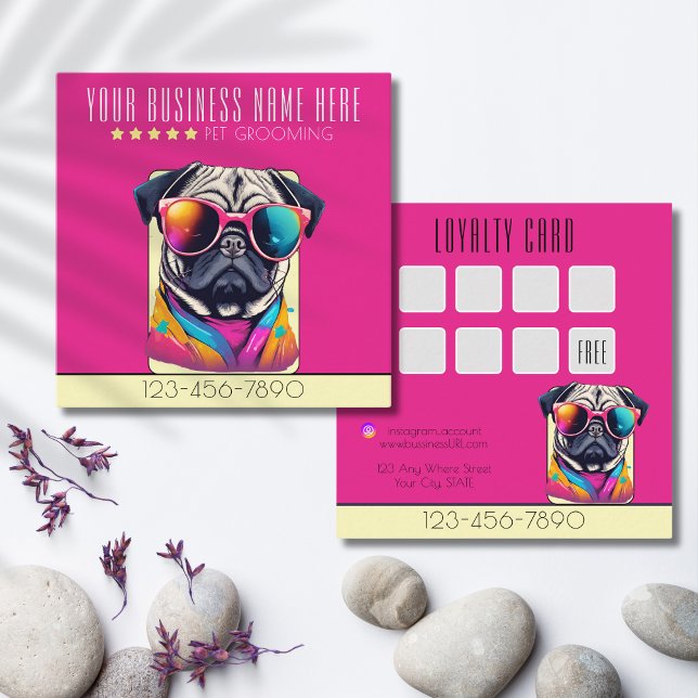 Carte De Visite Carré Cool Chien Grooming élégance carlin chien loyauté (Hot pink colorful cool dog, a loyalty customer card with a lot of attitude. )