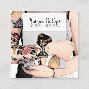 Carte De Visite Carré Cool tatouage de petite fille illustration en écri