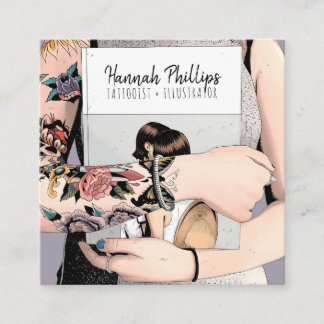 Carte De Visite Carré Cool tatouage fille illustration script tendance v