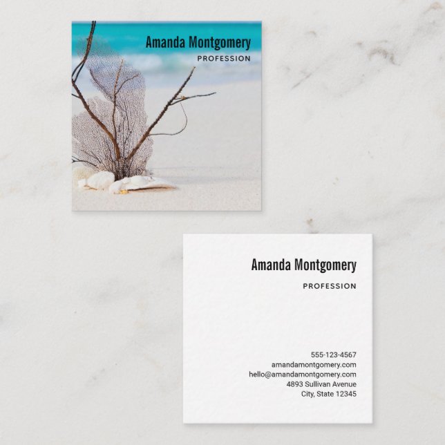 Carte De Visite Carré Coquillages sur une plage de sable Photo (Devant / Derrière)