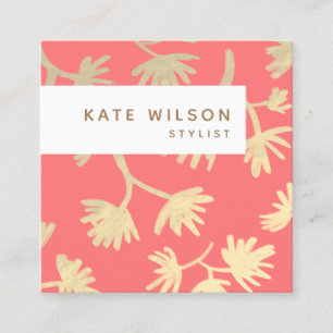 Carte De Visite Carré Corail élégant Main or dessinée à la main Flore