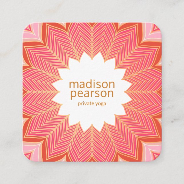 Carte De Visite Carré Corail rose Lotus Mandala Fleur Yoga Enseignant (Devant)