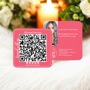 Carte De Visite Carré Coral clair Social Media QR Code Photo Logo