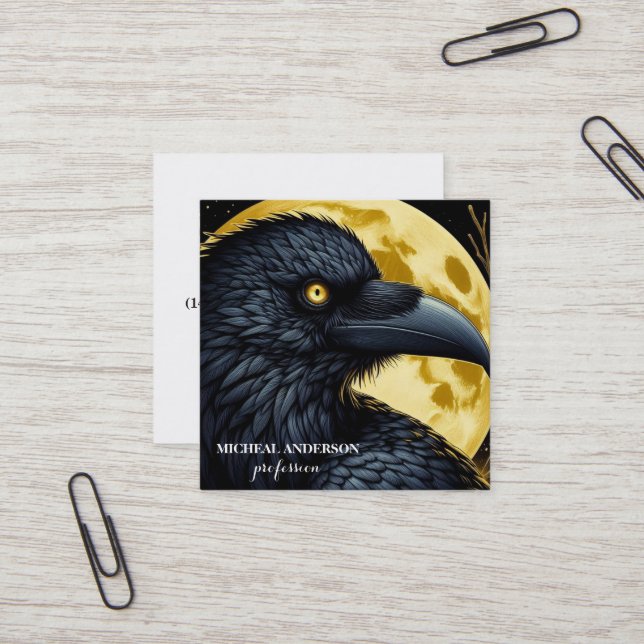 Carte De Visite Carré Corbeau noir Halloween (Devant/Arrière en situation)