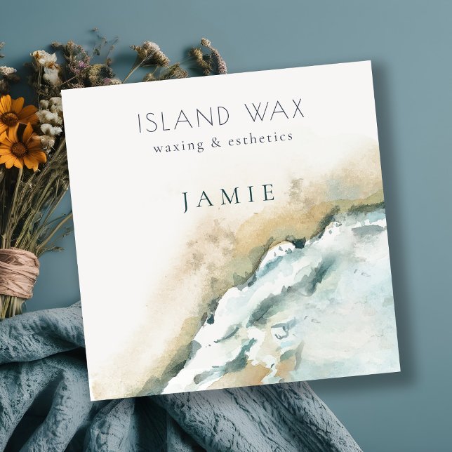 Carte De Visite Carré Côté Aqua Blue Sea Waves Sand Beach Aquarelle (Créateur téléchargé)