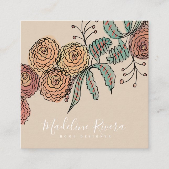Carte De Visite Carré Couronne de fleurs de doodle verdure Designer (Devant)