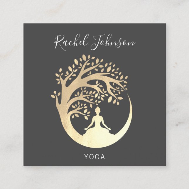Carte De Visite Carré Cours de Yoga École Instructeur privé Qr GoldGrey (Devant)