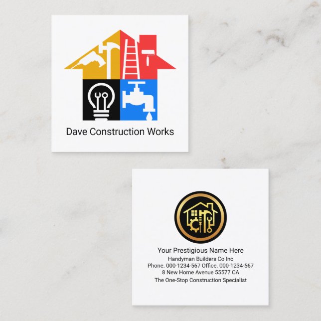 Carte De Visite Carré Création Handyman Outils Bâtir (Devant / Derrière)