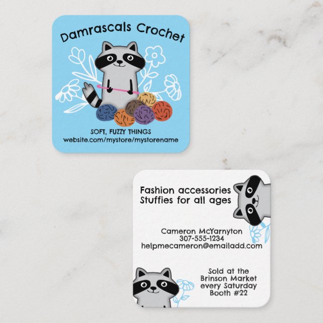 Carte De Visite Carré Crochet crochet boules de fil joli raccoon (Devant / Derrière)