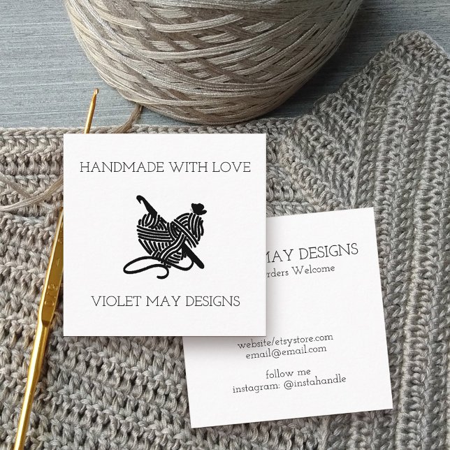 Carte De Visite Carré Crochet crochet et coeur de fils fait main avec am (Handmade with love business cards with crochet theme)