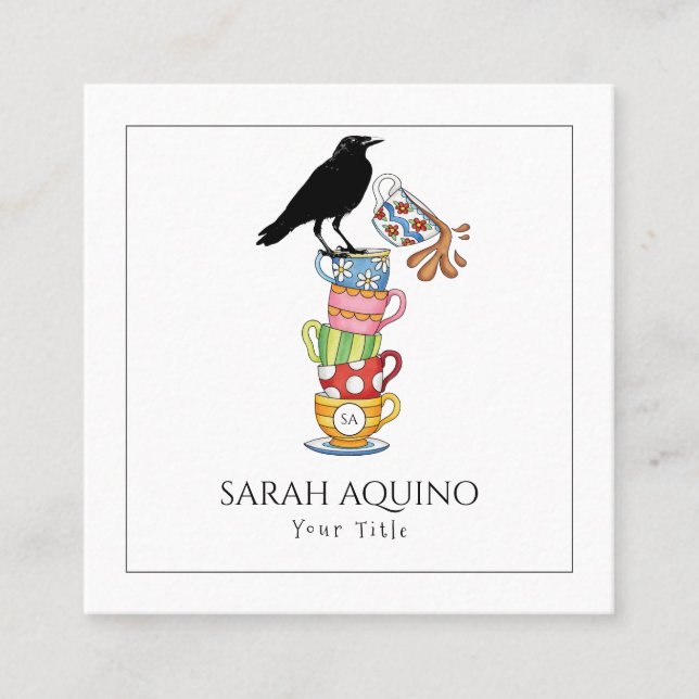 Carte De Visite Carré Crow & Tea Cups Art Whimsical (Devant)