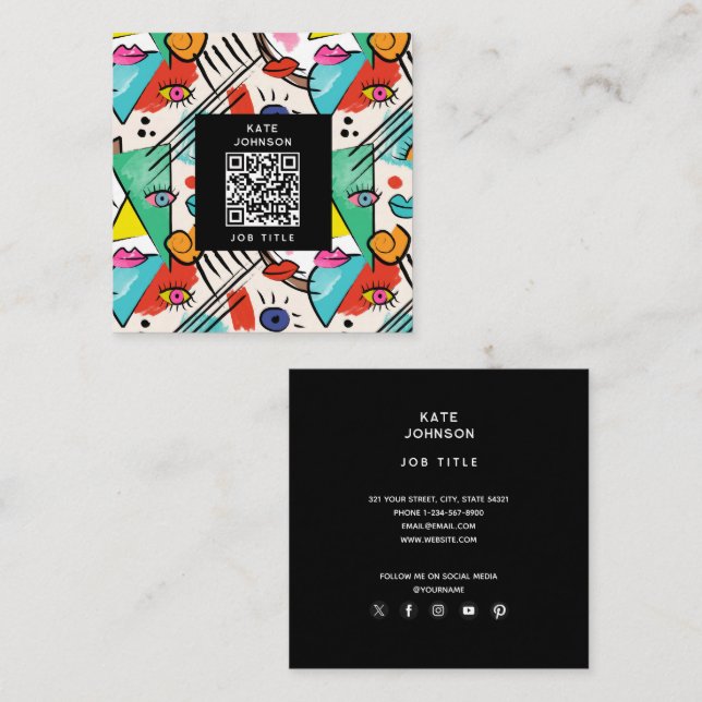 Carte De Visite Carré Cubisme moderne Artsy Abstrait Femme Visages Art (Devant / Derrière)