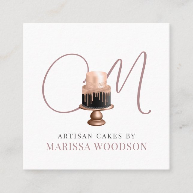 Carte De Visite Carré Cuisine pâtissière Baker Chef Rose Élégant Gâteau (Devant)