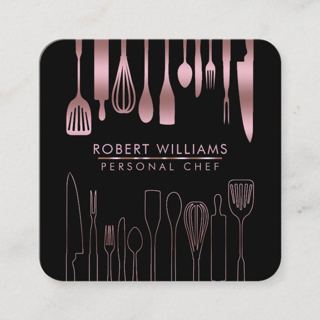 Carte De Visite Carré Cuisine Rose Gold Chef Outils De Cuisine Faux Rest (Devant)