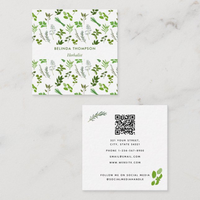 Carte De Visite Carré Cuisine verte Herbes de jardin culinaire QR Code (Devant / Derrière)